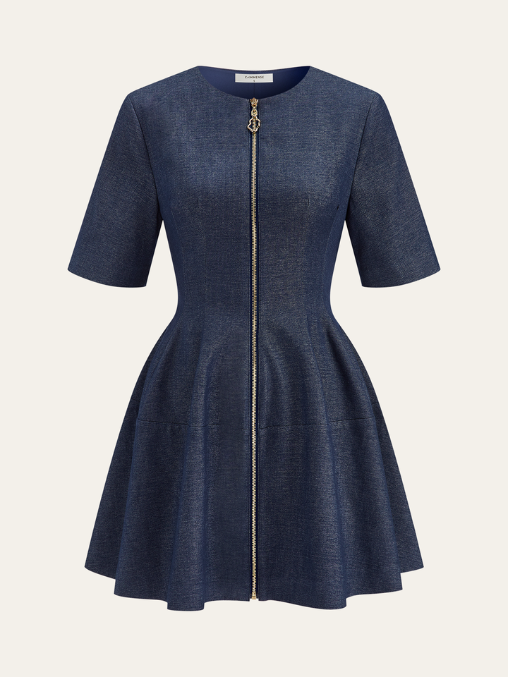 Denim Short Sleeved Zip-Front Mini Dress  Liora Lane Boutique Dresses Navy / XL 89.99