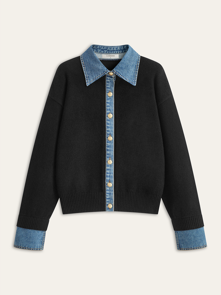Denim Collar Buttoned Sweater  Liora Lane Boutique Cardigans Black / XL 66.00