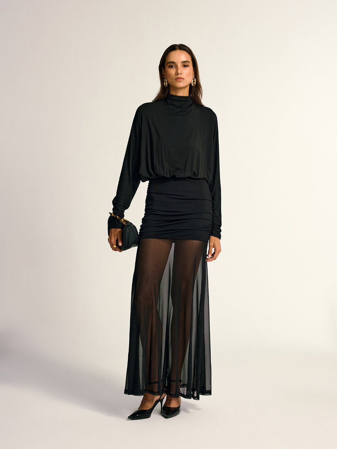 Turtleneck Long Sleeve Drape Ruched Mesh Dress  Liora Lane Boutique Dresses Black / XL 52.00