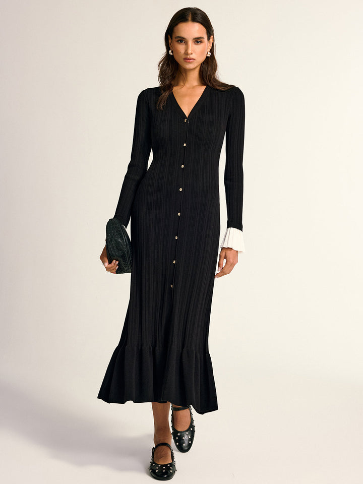 Ruffled Hem Button Front V-Neck Maxi Dress  Liora Lane Boutique Sweater Dresses