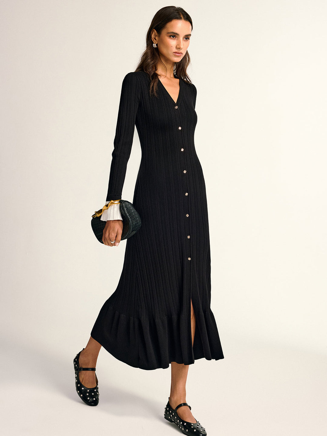 Ruffled Hem Button Front V-Neck Maxi Dress  Liora Lane Boutique Sweater Dresses Black / XL 156.99
