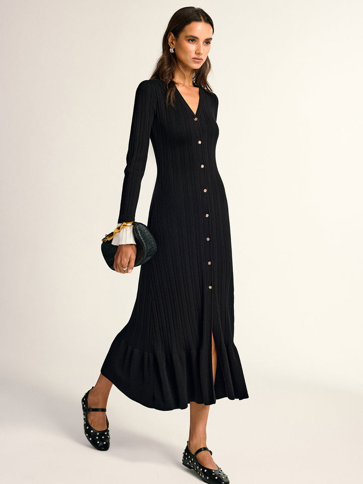 Ruffled Hem Button Front V-Neck Maxi Dress  Liora Lane Boutique Sweater Dresses Black / XL 156.99