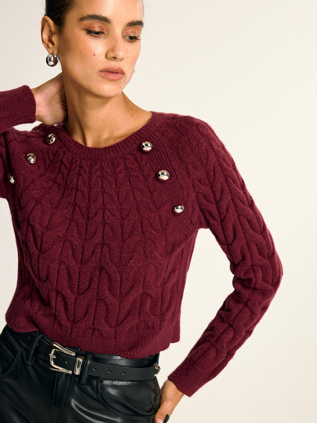 Metal Detail Cable Knit Round Neck Sweater  Liora Lane Boutique Sweaters Burgundy / XL 39.00
