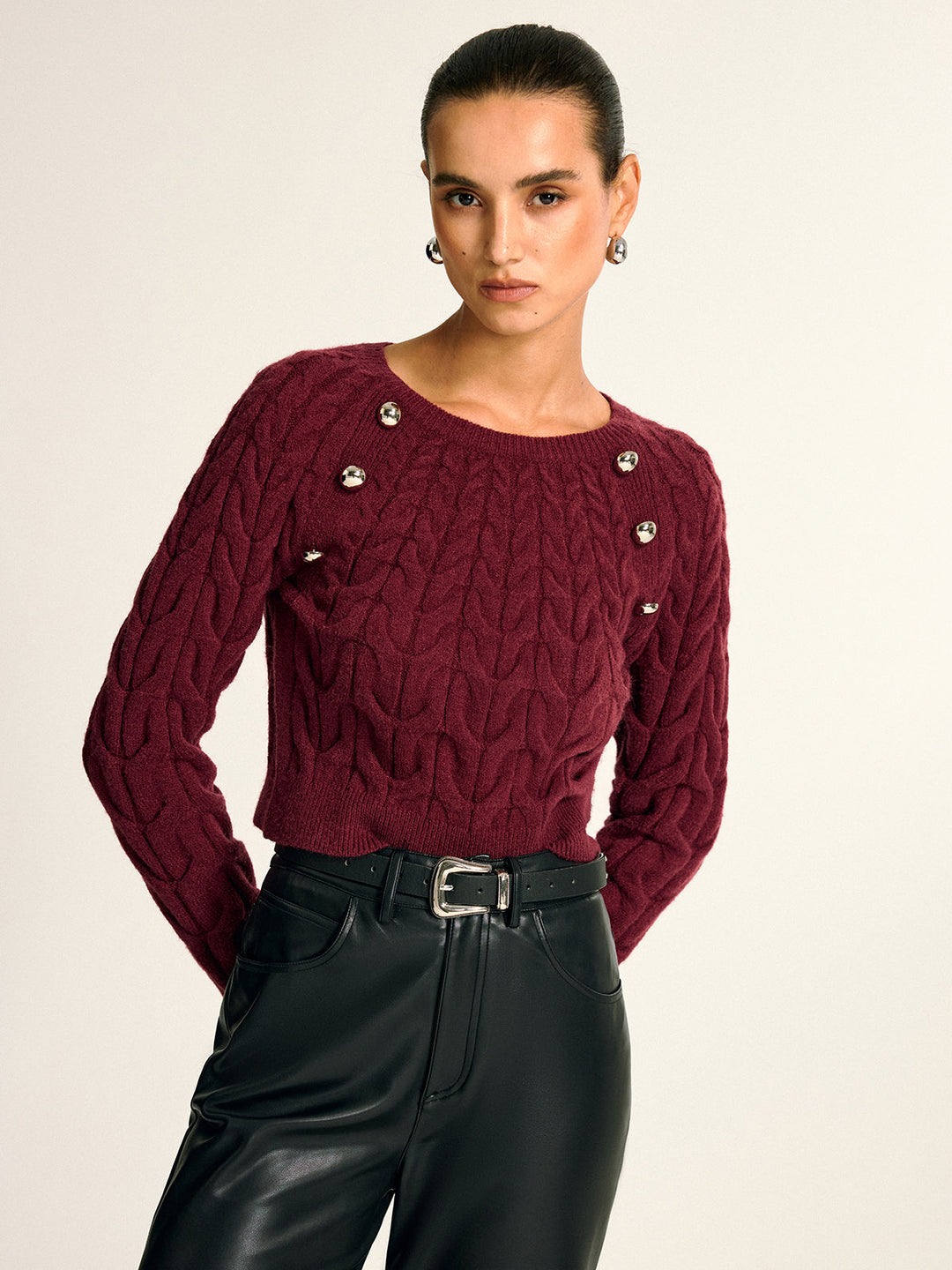 Metal Detail Cable Knit Round Neck Sweater  Liora Lane Boutique Sweaters