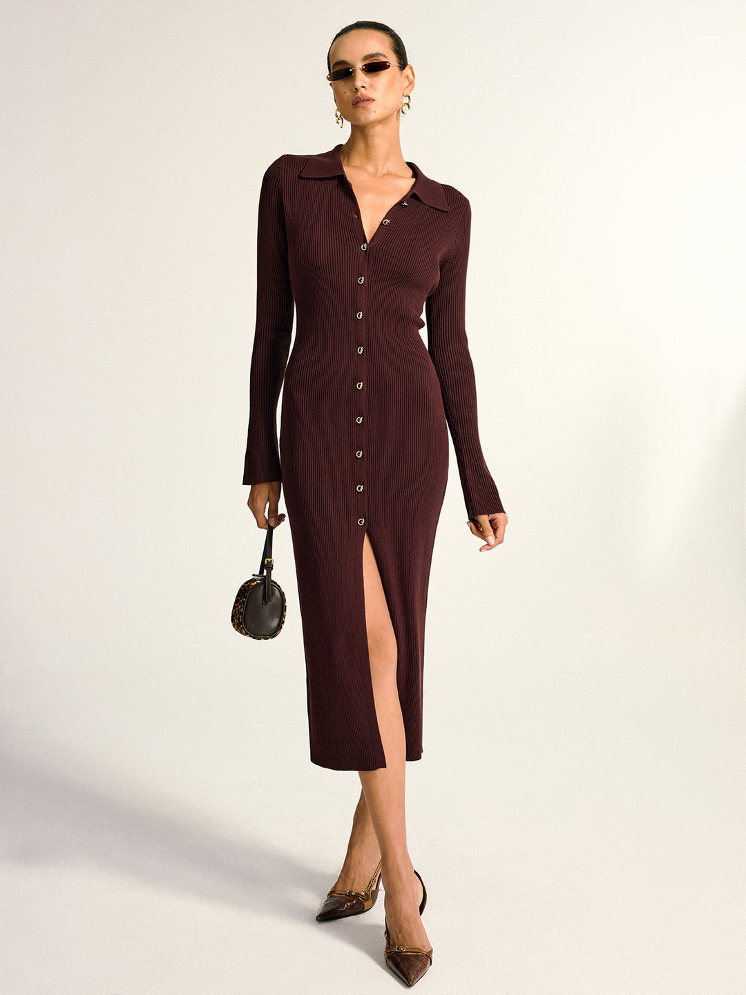 Metal Button Collar Ribbed Knit Midi Dress  Liora Lane Boutique Sweater Dresses Dark Brown / XL 137.99