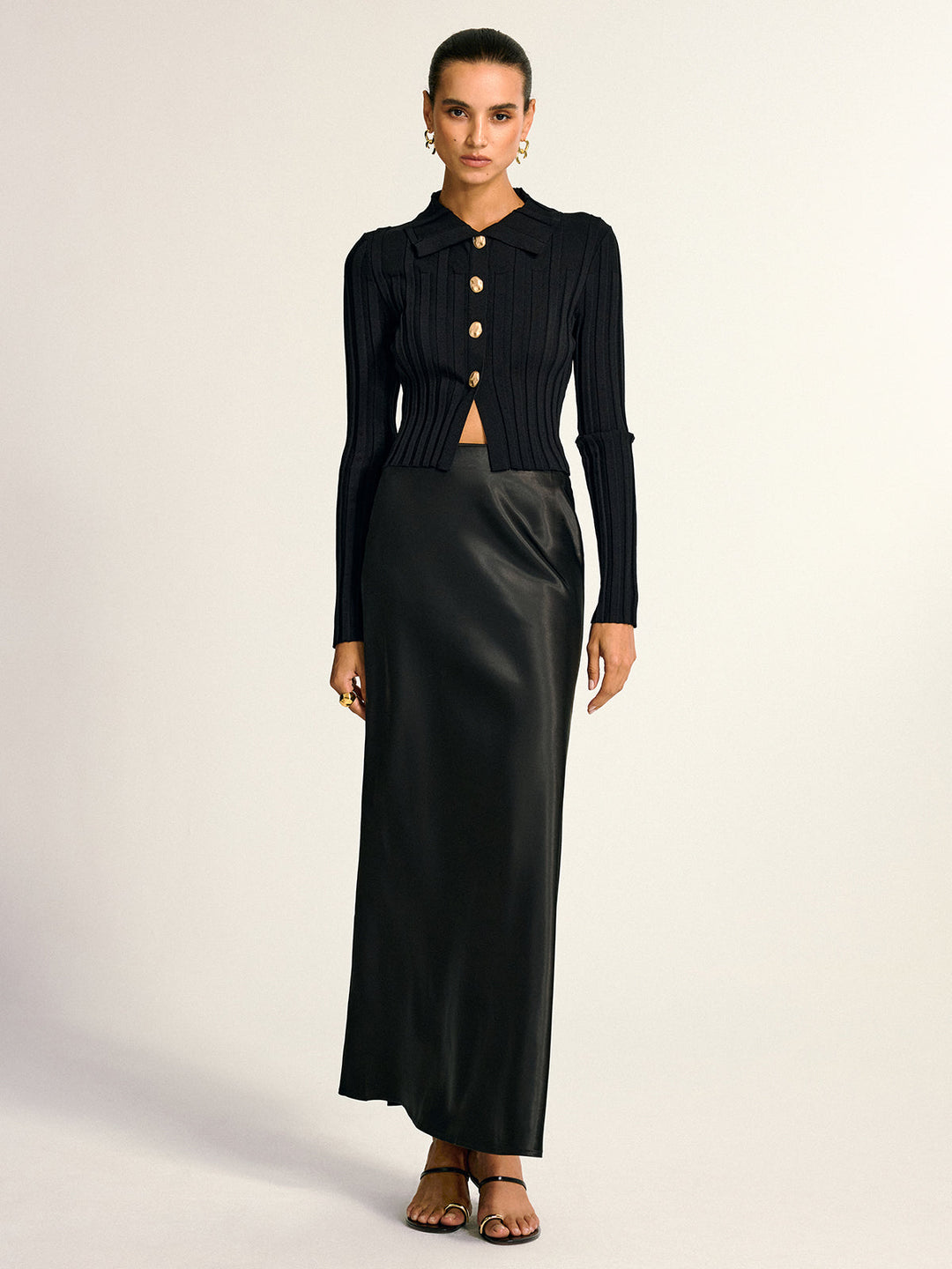 Metal Button Fitted Collared Knit Top  Liora Lane Boutique Knit Tops