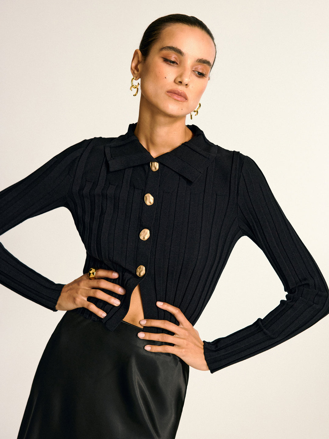 Metal Button Fitted Collared Knit Top  Liora Lane Boutique Knit Tops