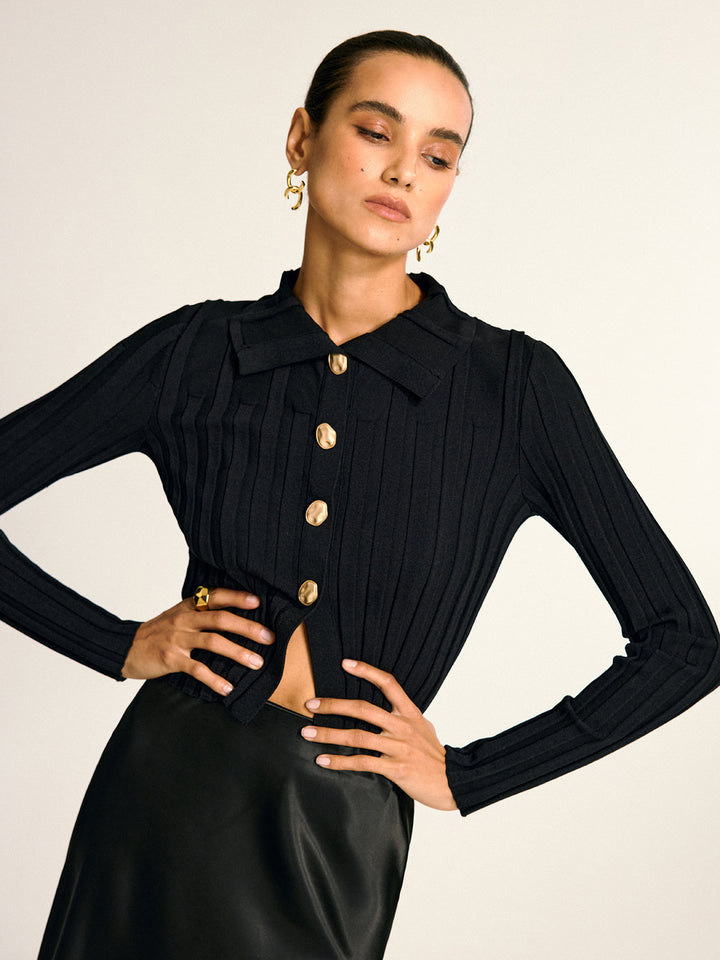 Metal Button Fitted Collared Knit Top  Liora Lane Boutique Knit Tops