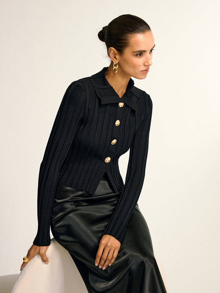 Metal Button Fitted Collared Knit Top  Liora Lane Boutique Knit Tops Black / XL 46.00