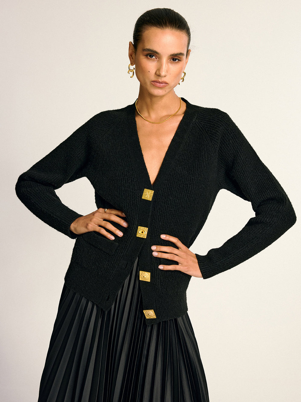 Metal Button V-Neck Wool Blend Cardigan  Liora Lane Boutique Cardigans