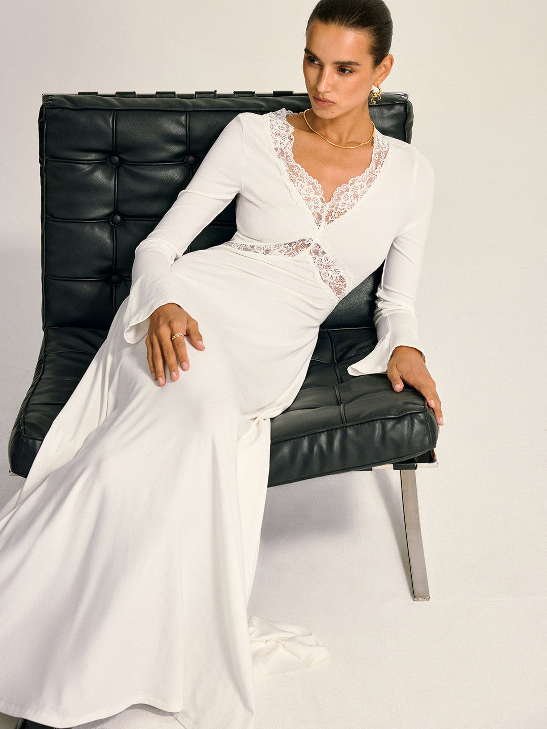 Lace Cross Paneled Long Sleeve Maxi Dress  Liora Lane Boutique Dresses White / XL 62.00