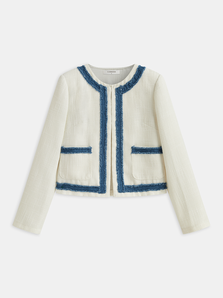 Tweed Contrast Trim Round Neck Blazer  Liora Lane Boutique Blazers White / XL 127.00