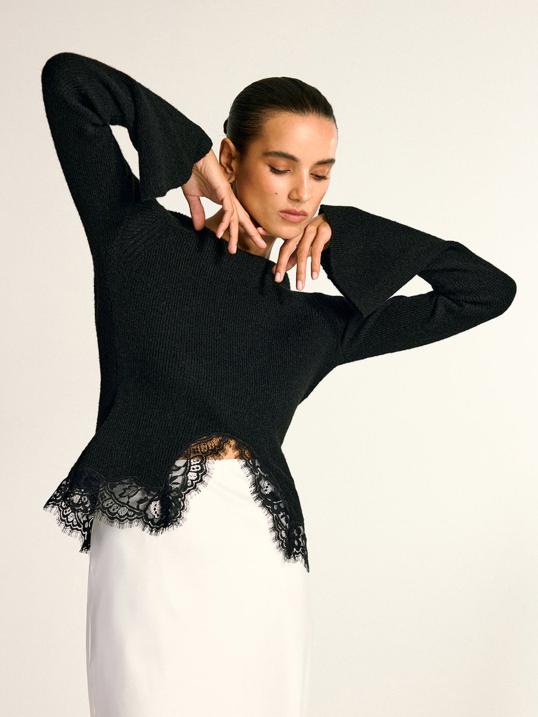 Lace Hem Bell Sleeve Wool Blend Knit Top  Liora Lane Boutique Knit Tops