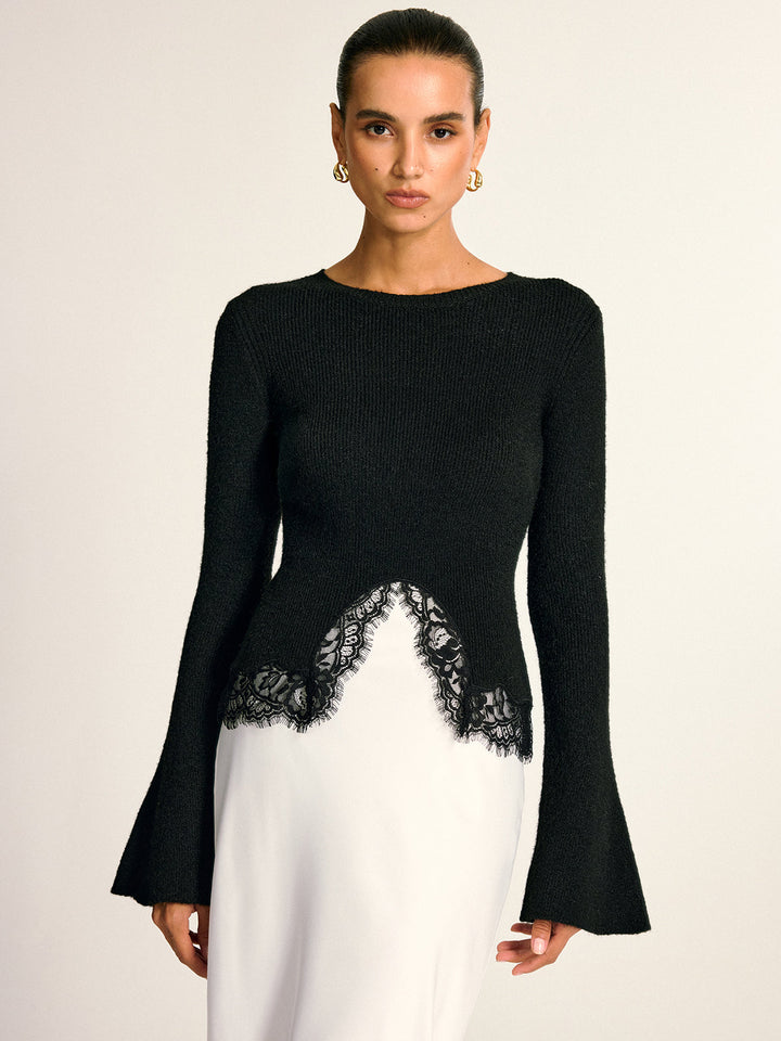Lace Hem Bell Sleeve Wool Blend Knit Top  Liora Lane Boutique Knit Tops