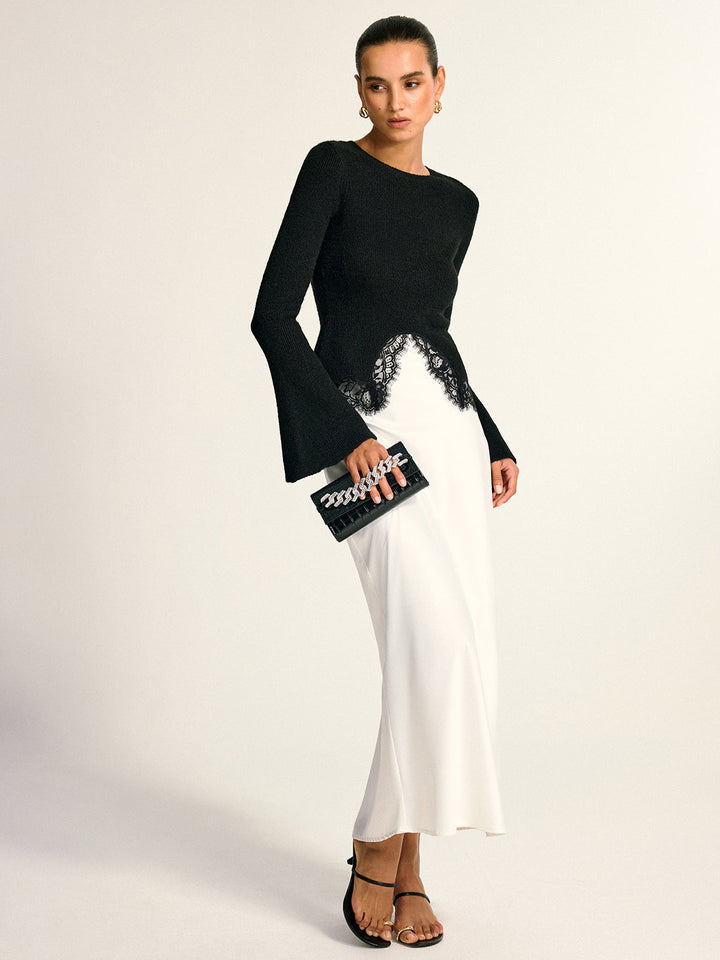 Lace Hem Bell Sleeve Wool Blend Knit Top  Liora Lane Boutique Knit Tops