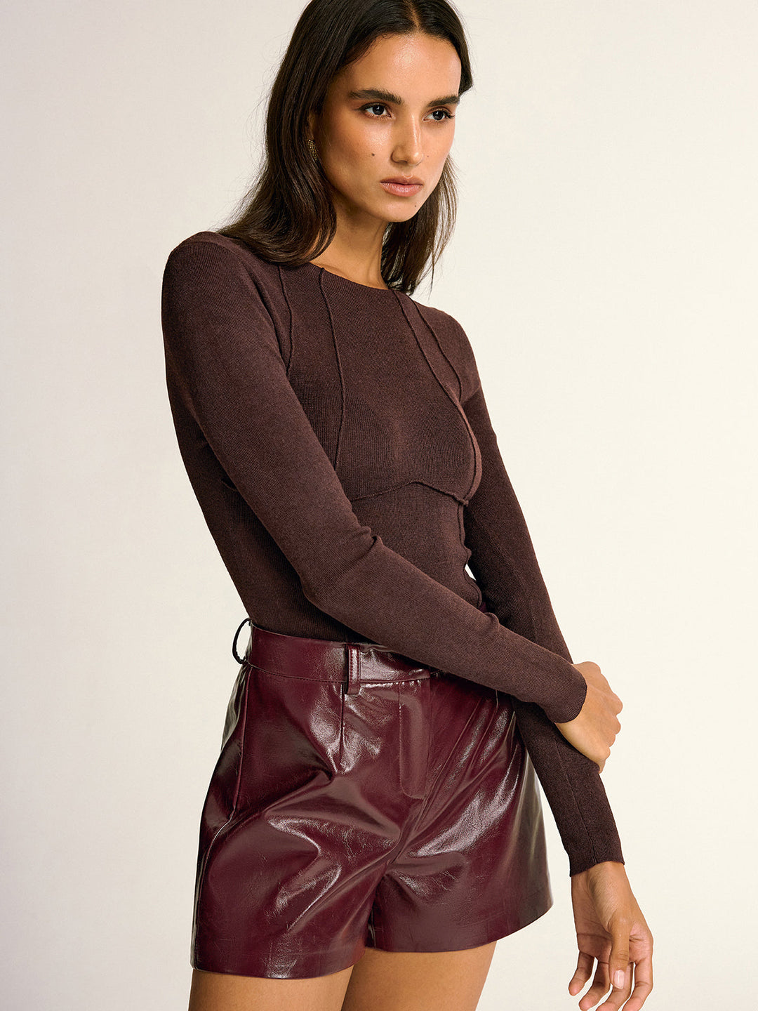 Semi-Sheer Slim Fit Wool Blend Knit Top  Liora Lane Boutique Knit Tops Dark Brown / XL 38.00