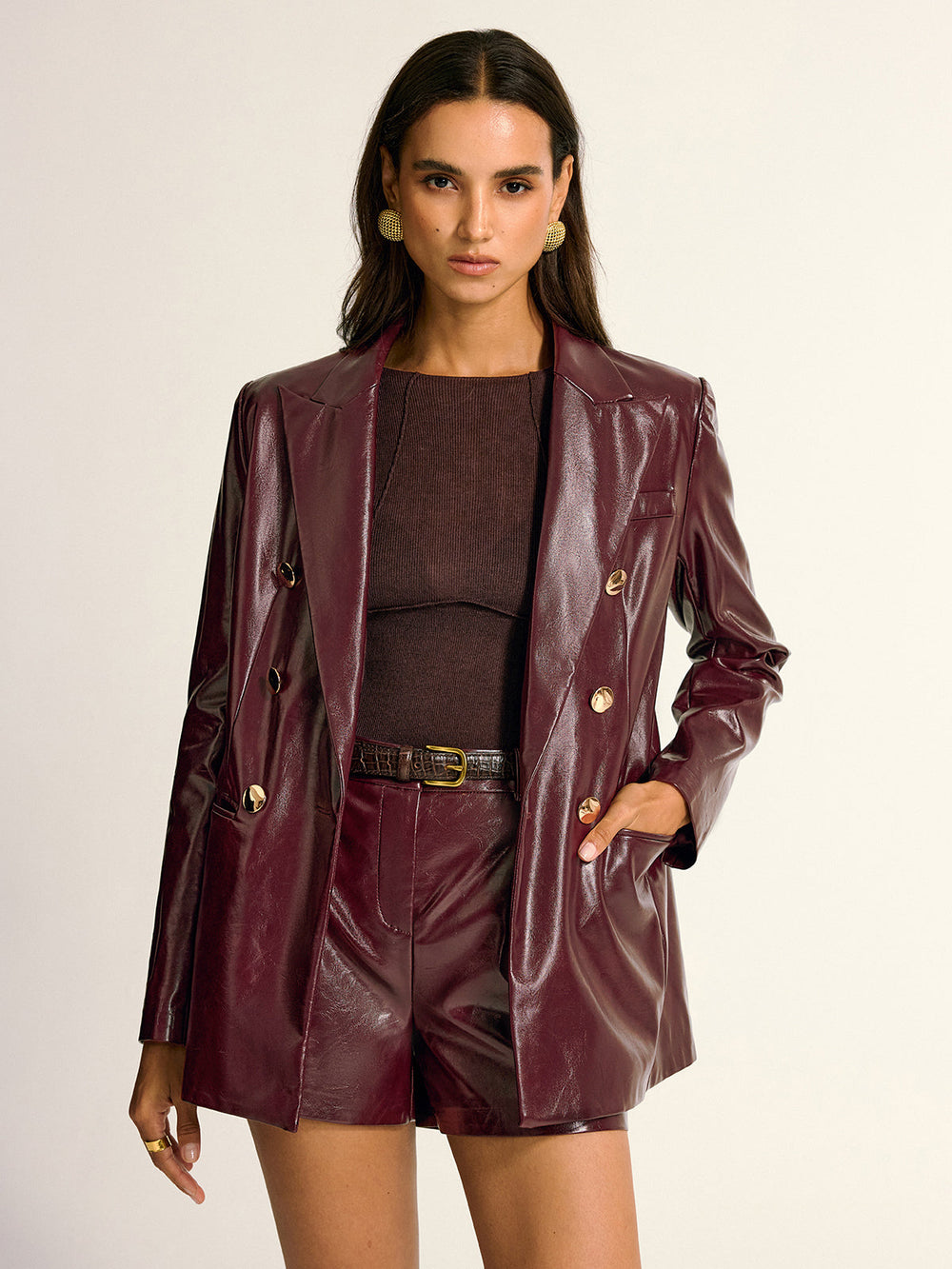 PU Leather Metal Button Lapel Pocket Blazer  Liora Lane Boutique Blazers