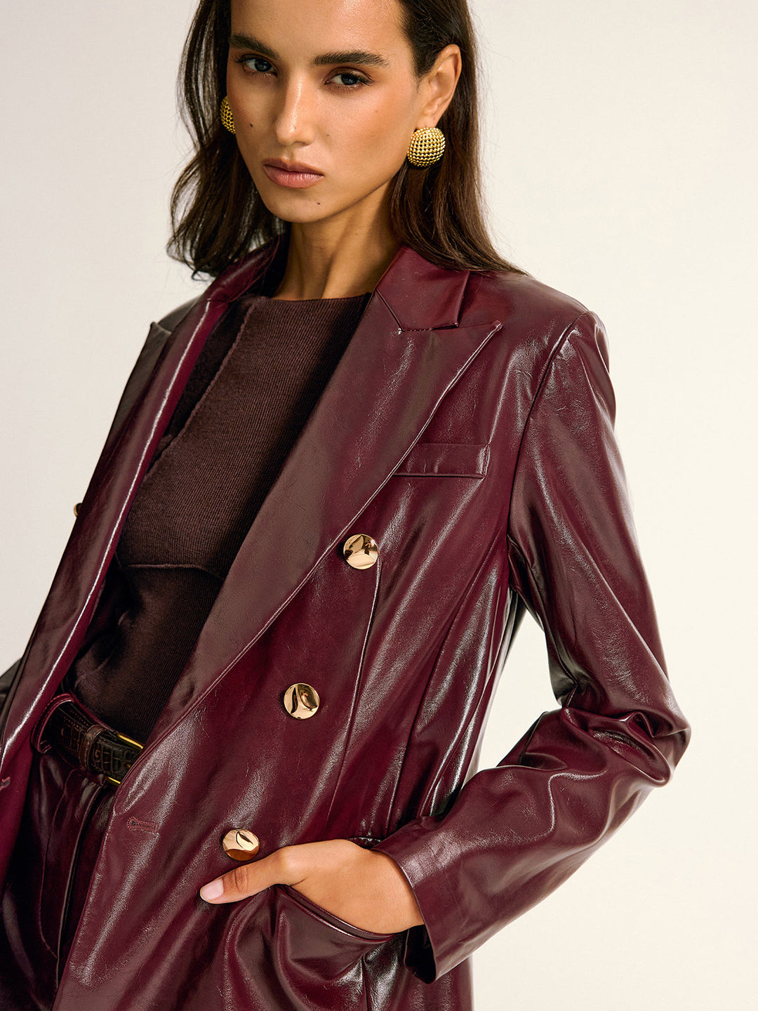 PU Leather Metal Button Lapel Pocket Blazer  Liora Lane Boutique Blazers