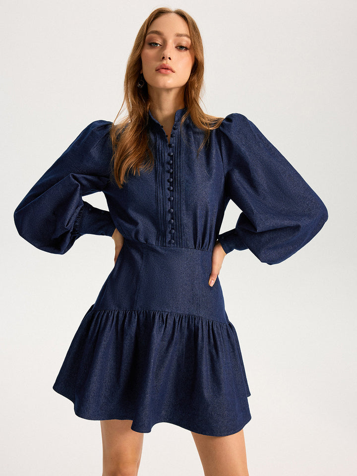 Denim Stand Collar Puff Sleeve Mini Dress  Liora Lane Boutique Dresses Navy / XL 84.99