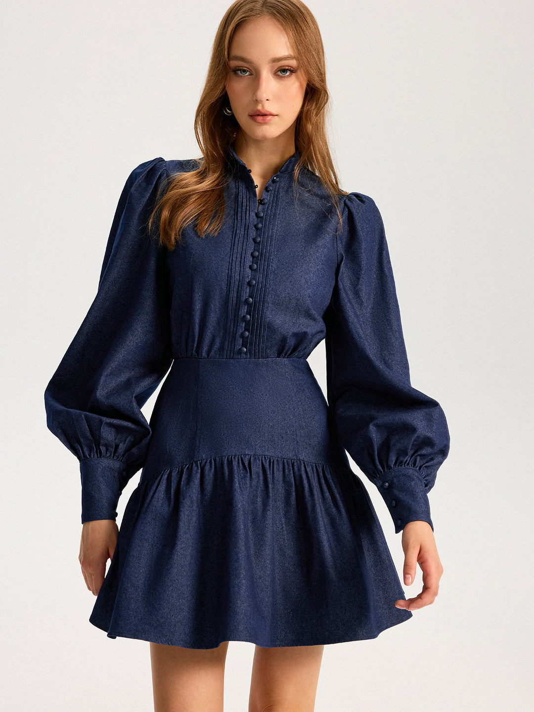 Denim Stand Collar Puff Sleeve Mini Dress  Liora Lane Boutique Dresses