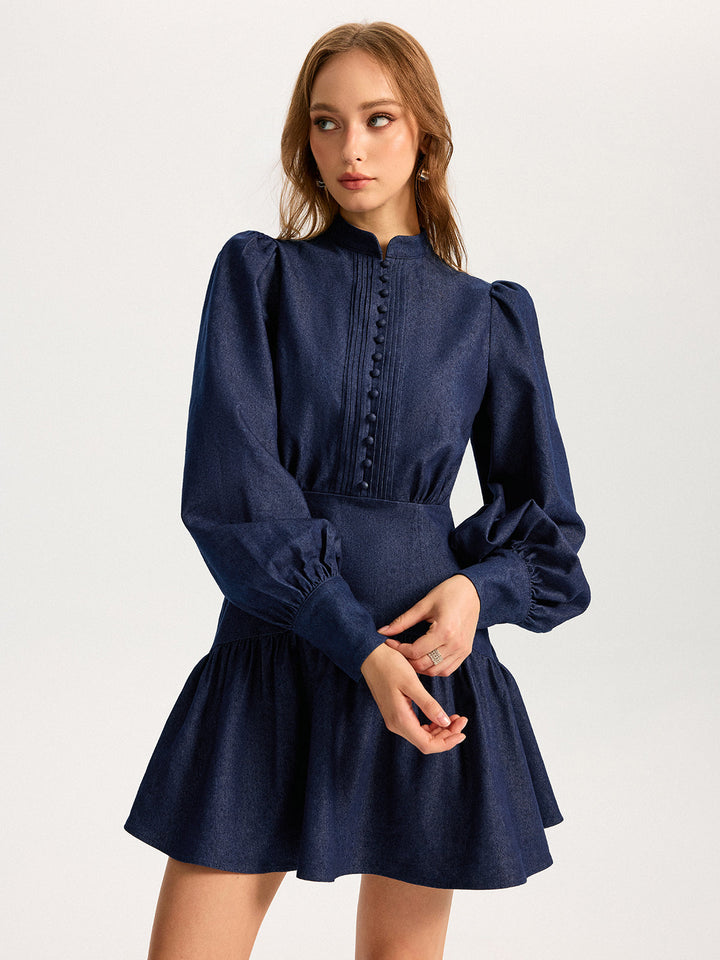 Denim Stand Collar Puff Sleeve Mini Dress  Liora Lane Boutique Dresses
