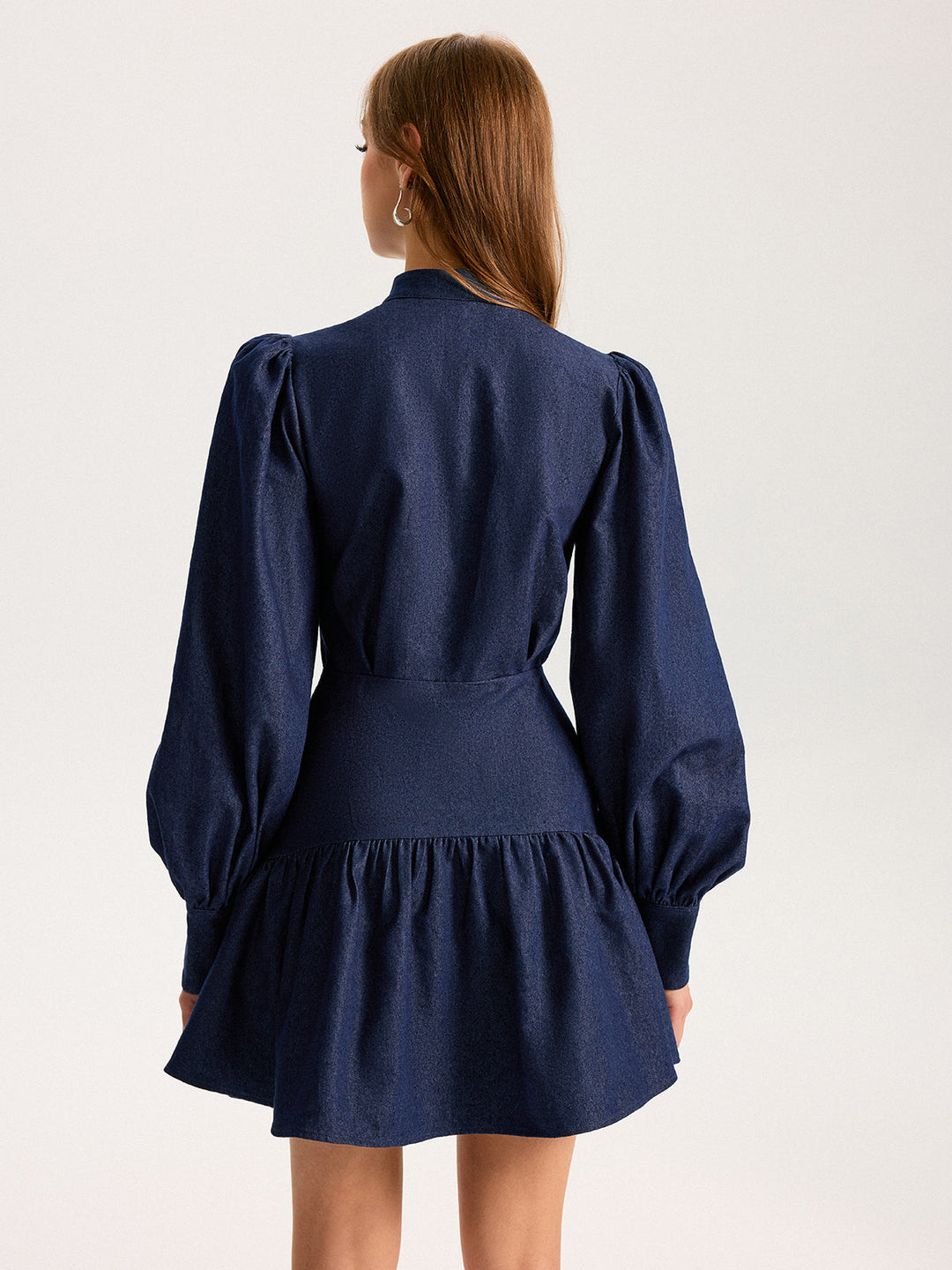 Denim Stand Collar Puff Sleeve Mini Dress  Liora Lane Boutique Dresses