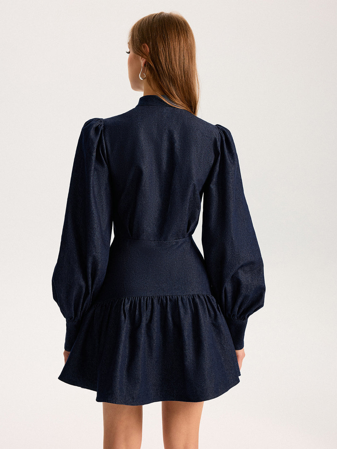 Denim Stand Collar Puff Sleeve Mini Dress  Liora Lane Boutique Dresses