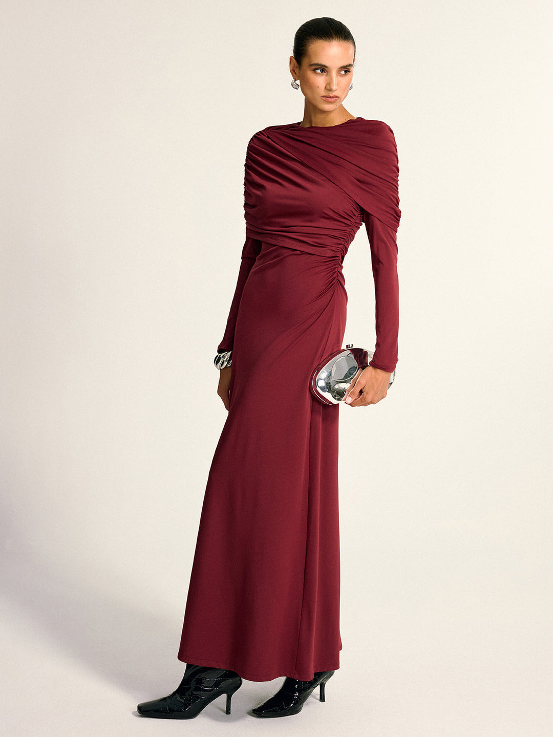 Draped Long Sleeve Maxi Dress  Liora Lane Boutique Dresses Burgundy / XL 54.00