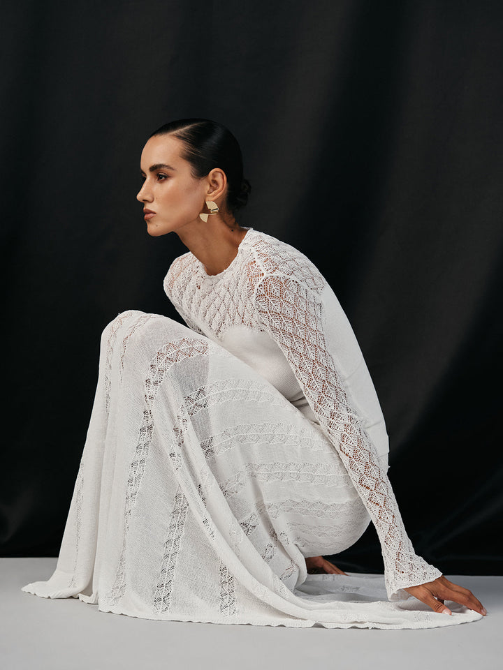 Lace Paneled Long Sleeve Knit Top  Liora Lane Boutique Knit Tops White / XL 36.00