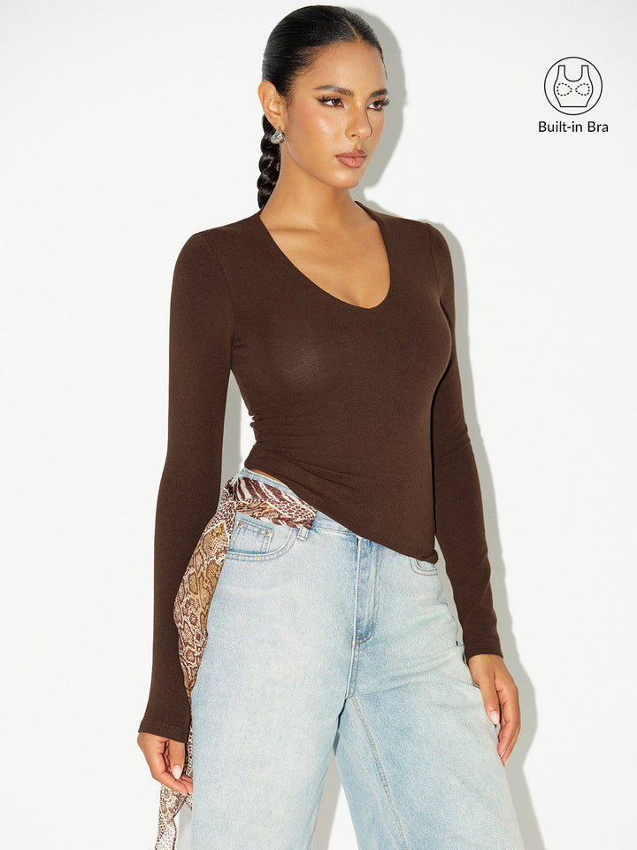 Bra-Free V-Neck Long-Sleeve Top  Liora Lane Boutique T-Shirts Dark Brown / XL 32.00