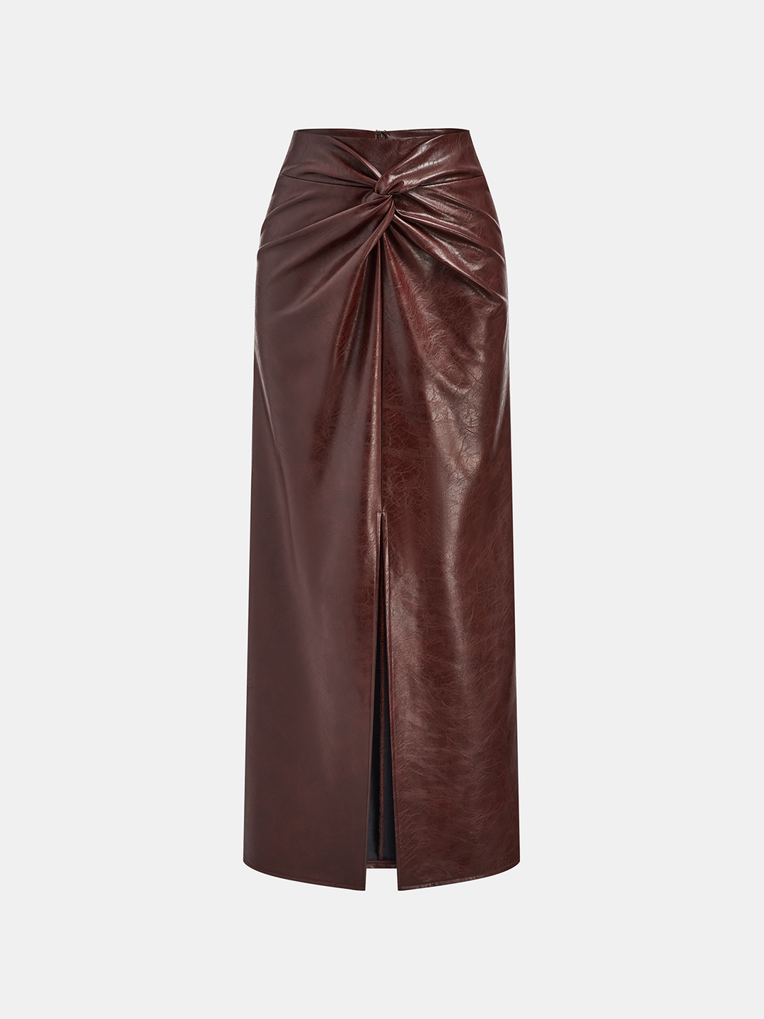 Knot Detail Slit Faux Leather Midi Skirt  Liora Lane Boutique Skirts Burgundy / XL 39.00