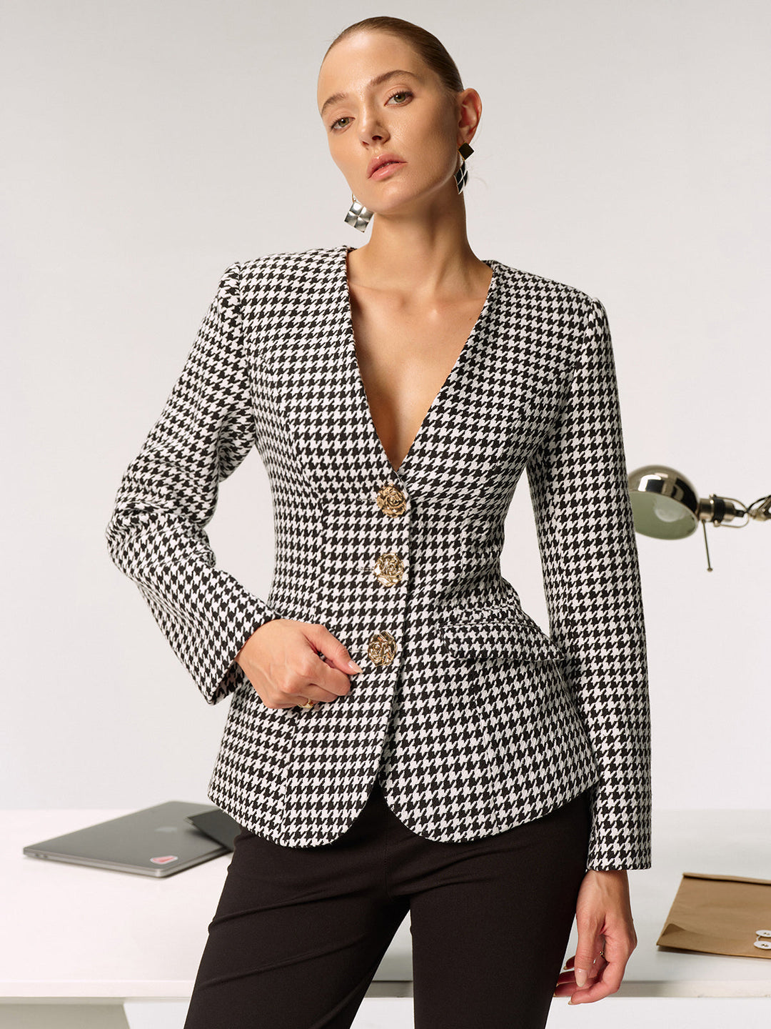 Metal Button Houndstooth Blazer  Liora Lane Boutique Blazers Black and White / XL 167.00