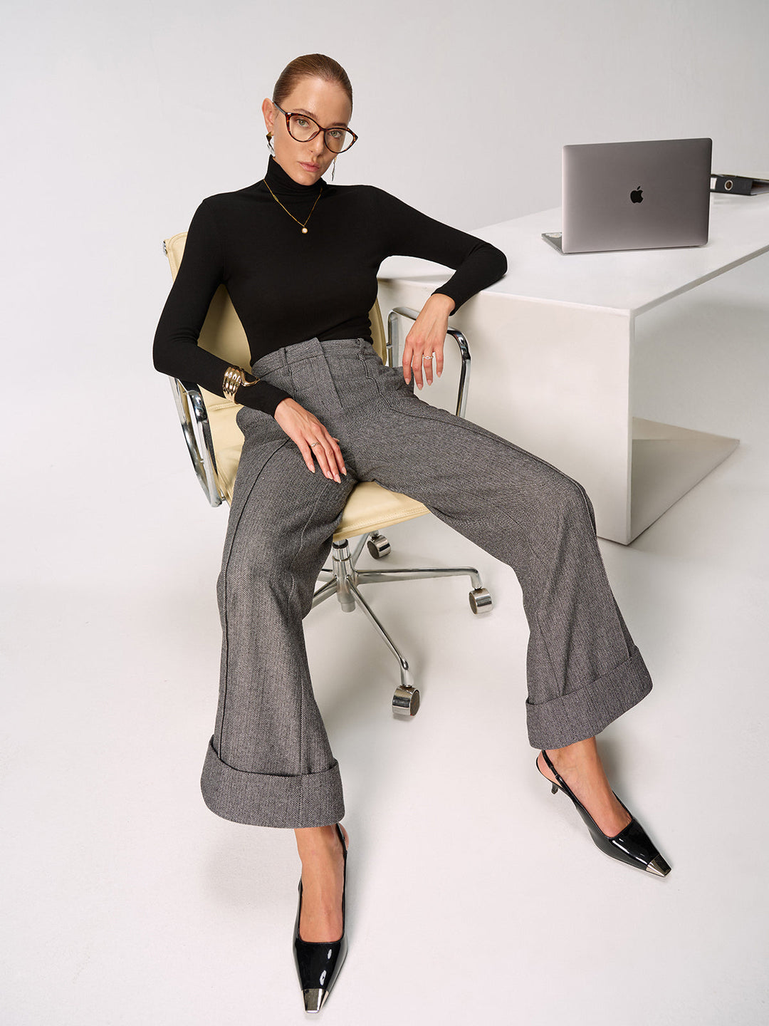 Mid-Waist Cuffed Wide-Leg Pants  Liora Lane Boutique Pants Black / XL 55.00