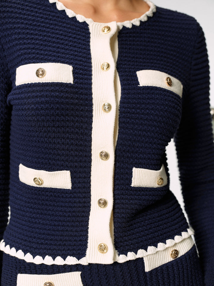 Contrast Scalloped Trim Metal Button Cardigan  Liora Lane Boutique Cardigans