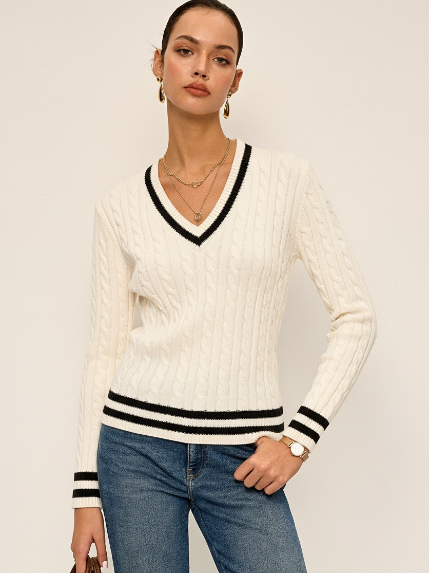 Cable-Knit Stripped Sweater  Liora Lane Boutique Sweaters White / XL 38.00
