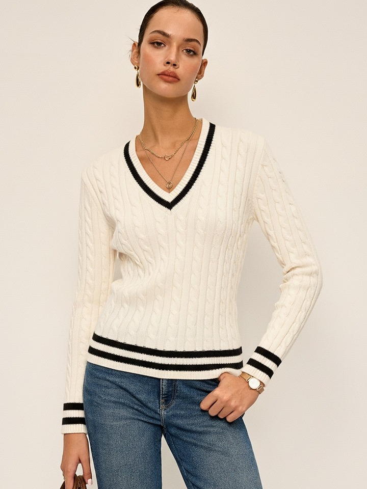 Cable-Knit Stripped Sweater  Liora Lane Boutique Sweaters White / XL 38.00