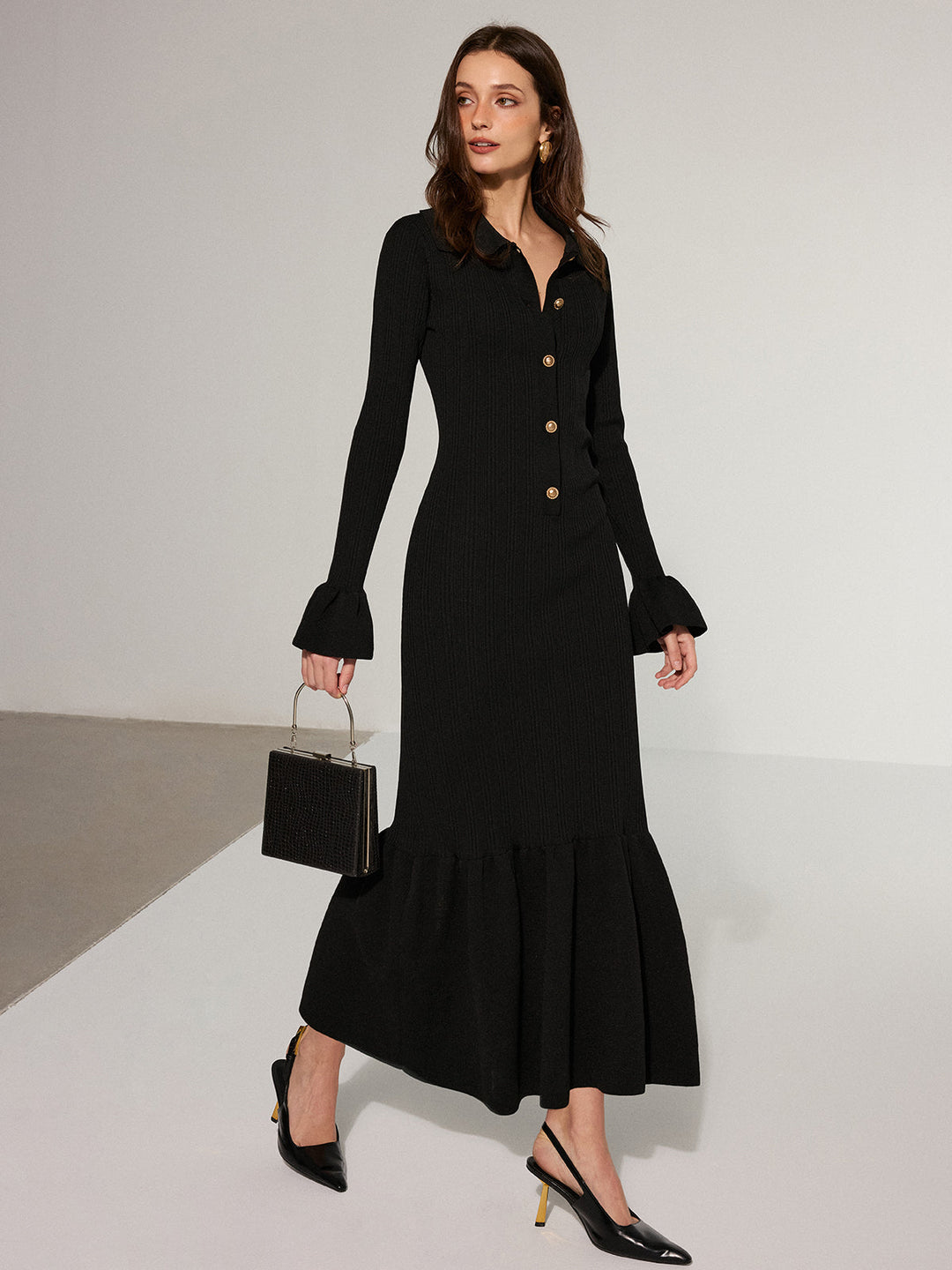 Mermaid Hem Collared Knit Maxi Dress  Liora Lane Boutique Sweater Dresses Black / XL 147.99