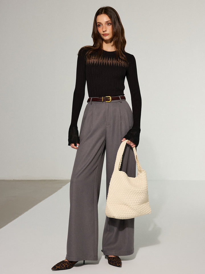 Flared Cuff Sheer Panel Knit Top  Liora Lane Boutique Knit Tops