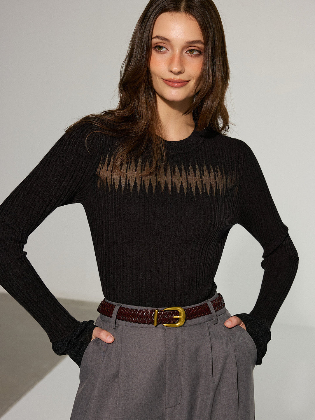 Flared Cuff Sheer Panel Knit Top  Liora Lane Boutique Knit Tops