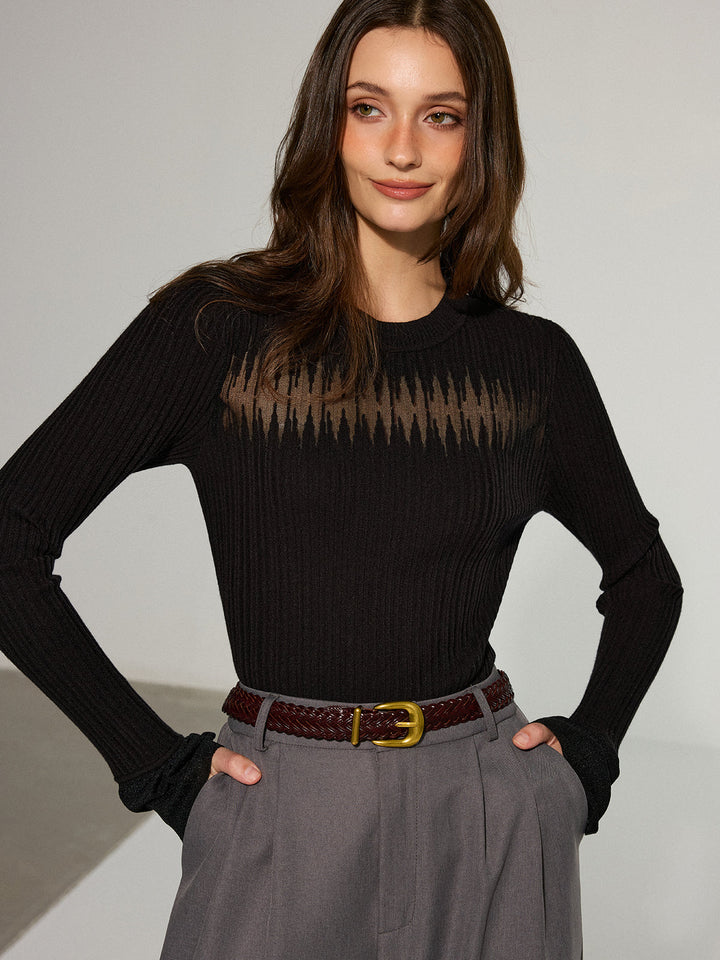 Flared Cuff Sheer Panel Knit Top  Liora Lane Boutique Knit Tops