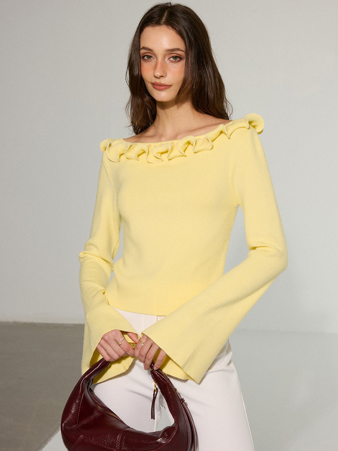 Off-Shoulder Ruffled Collar Flared Sleeve Sweater  Liora Lane Boutique Sweaters