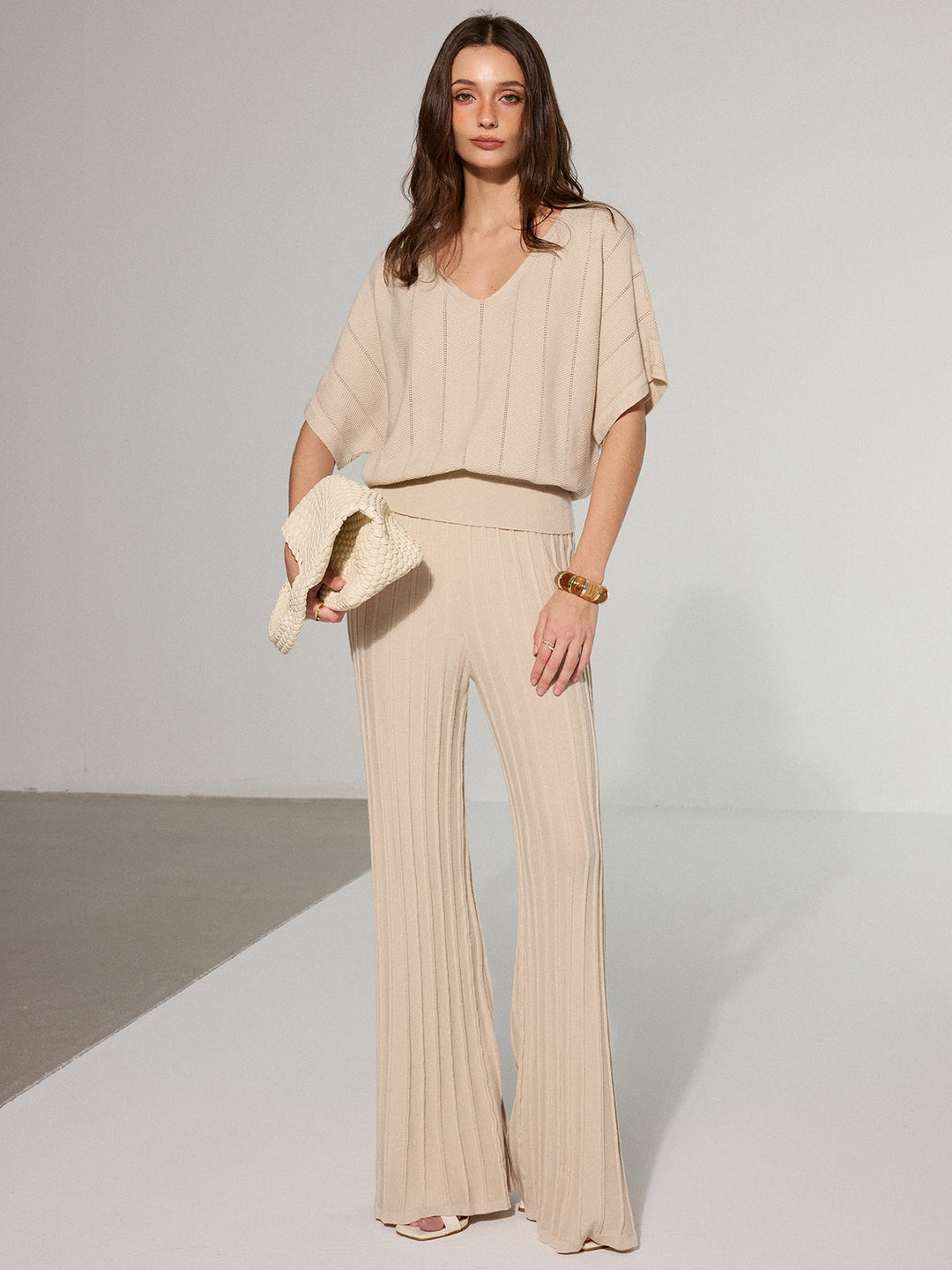 Textured Wool Blend V-Neck Sweater  Liora Lane Boutique Sweaters Apricot / XL 42.00