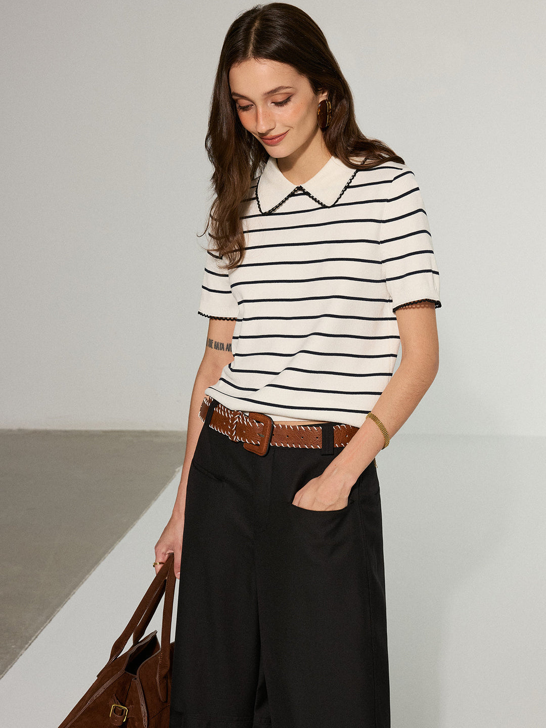 Contrast Wave Trim Striped Polo Knit Top  Liora Lane Boutique Sweaters