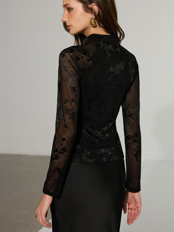 Mandarin Collar Floral Lace Long Sleeve T-Shirt  Liora Lane Boutique T-Shirts