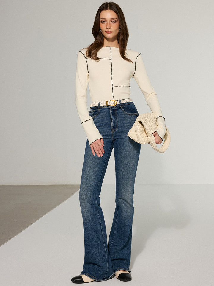 Contrast Stitching Fitted Knit Top  Liora Lane Boutique T-Shirts