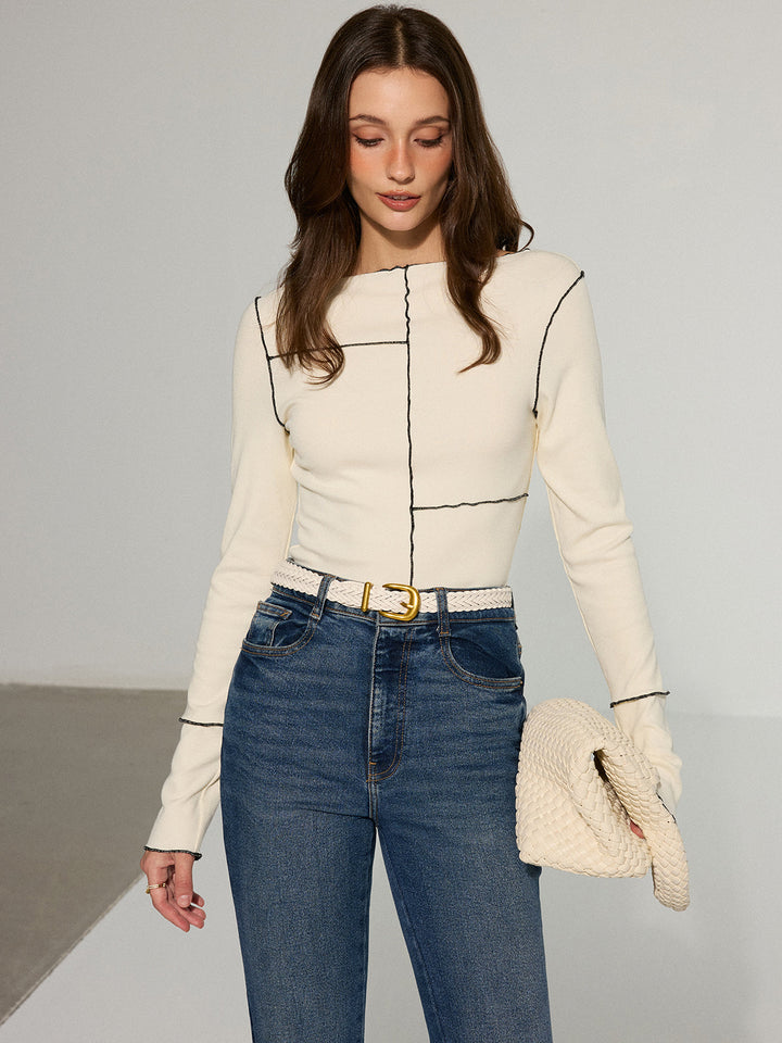 Contrast Stitching Fitted Knit Top  Liora Lane Boutique T-Shirts
