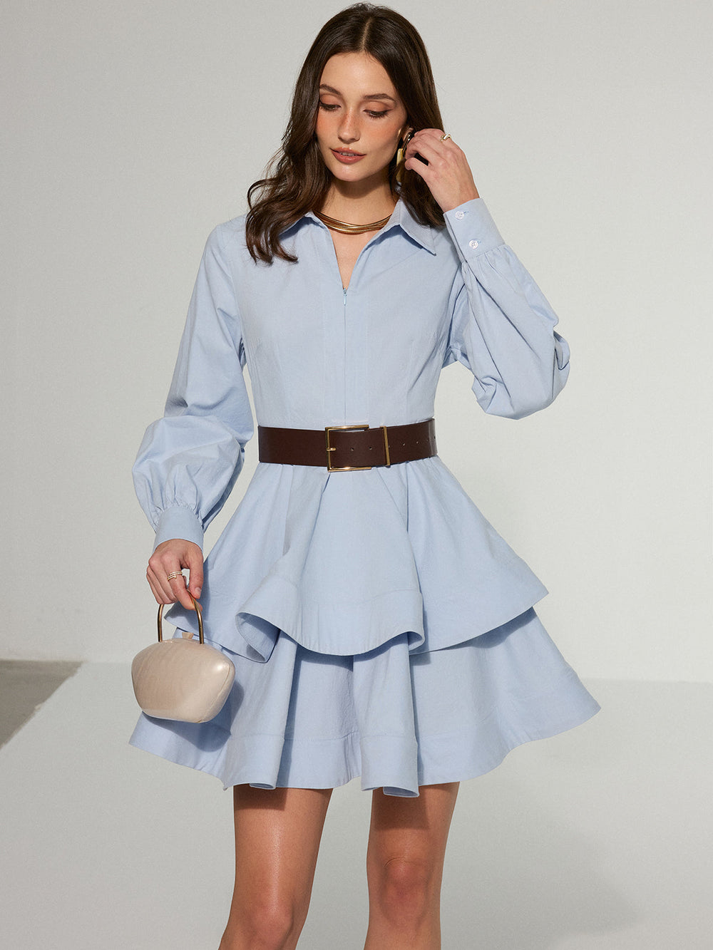 Belted Zip-From Cotton Tiered Shirt Dress  Liora Lane Boutique Dresses