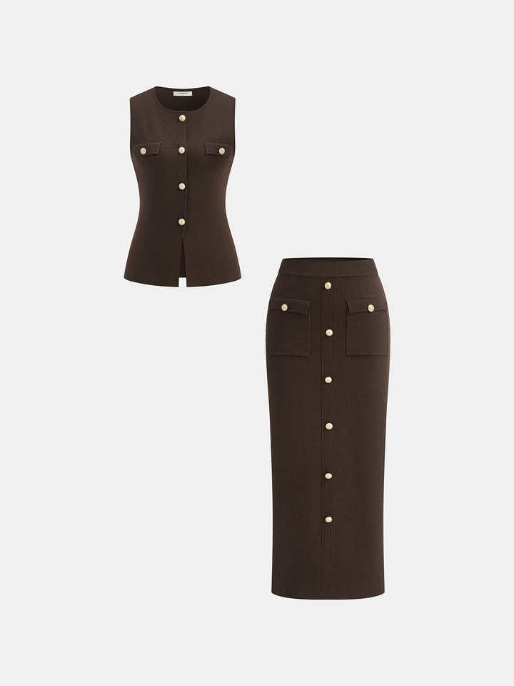 Wool Blend Metal Button Vest and Skirt Set  Liora Lane Boutique Skirt Sets Dark Brown / XL 94.00