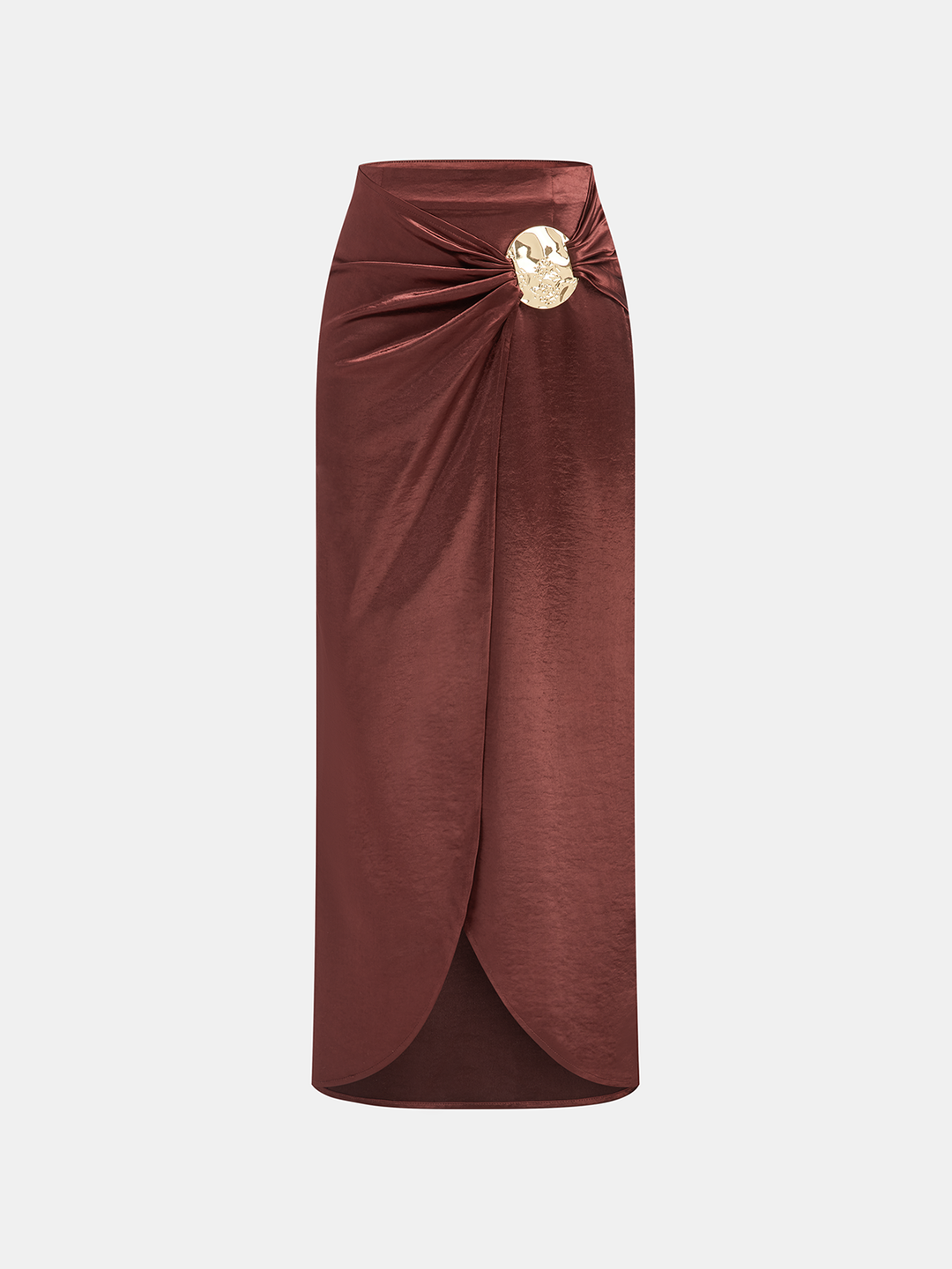 Metal Detail Satin Slit Midi Skirt  Liora Lane Boutique Skirts Burgundy / XL 38.00