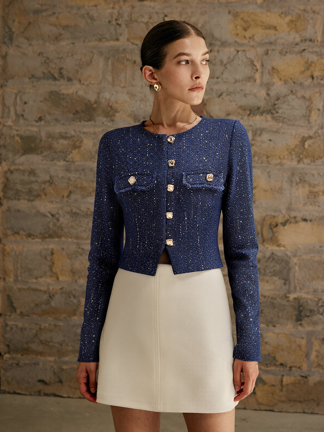 Metal Button Sequin Tweed Blazer  Liora Lane Boutique Blazers Navy / XL 157.00